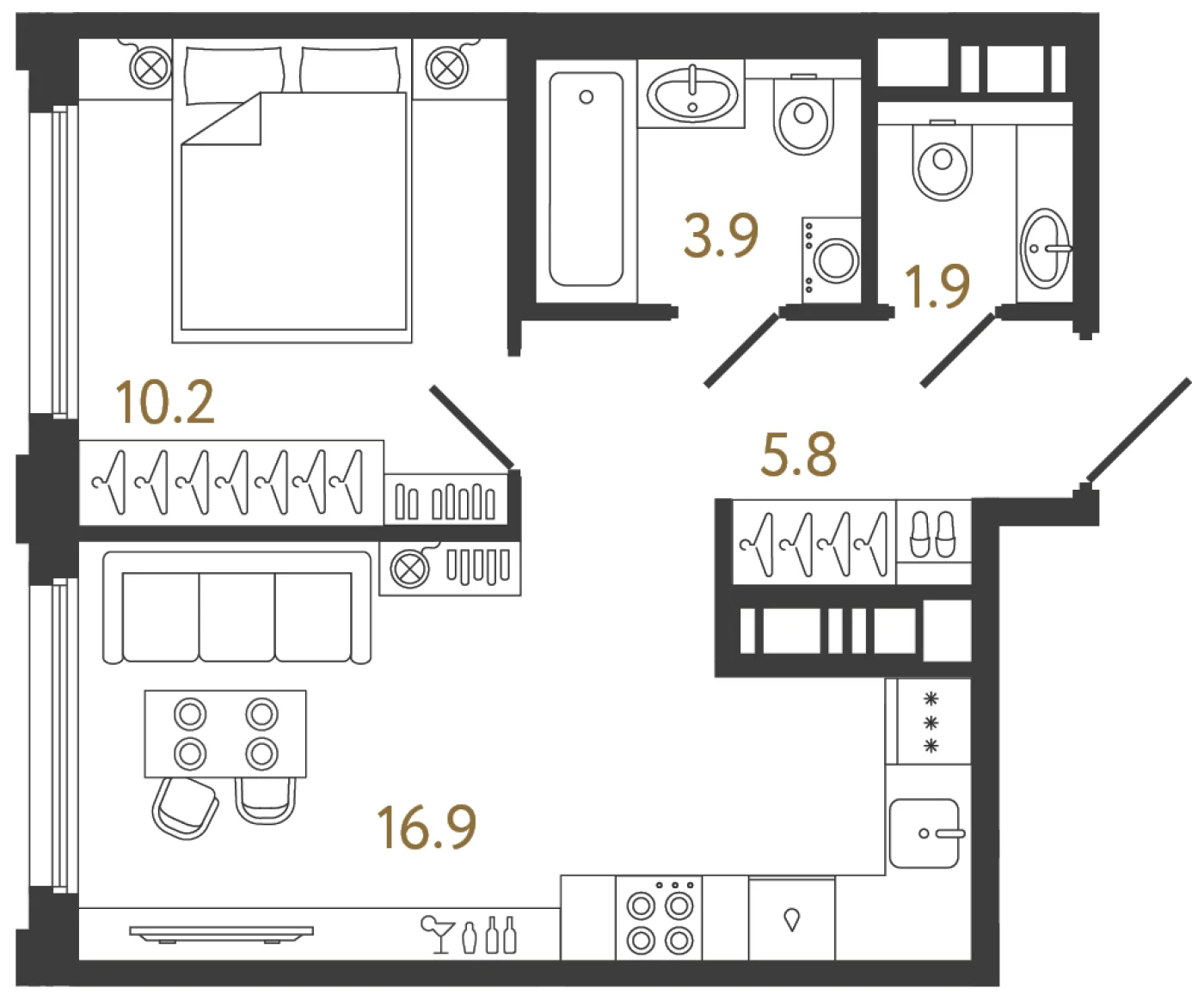 Планировка 1-комнатная 38,7 м² в ЖК «Гений» — ЖК «Гений»