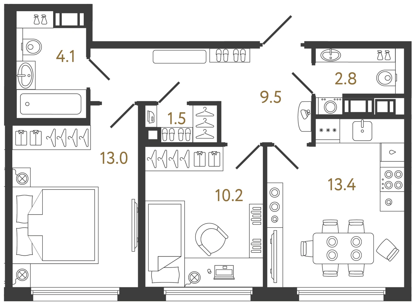 Планировка 2-комнатная 54,5 м² в ЖК «Гений» — ЖК «Гений»