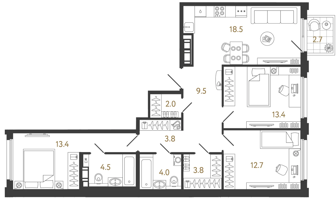 Планировка 3-комнатная 85,6 м² в ЖК «Гений» — ЖК «Гений»