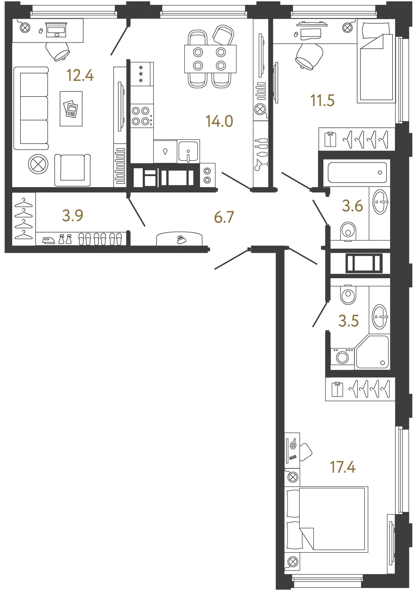 Планировка 3-комнатная 73 м² в ЖК «Гений» — ЖК «Гений»