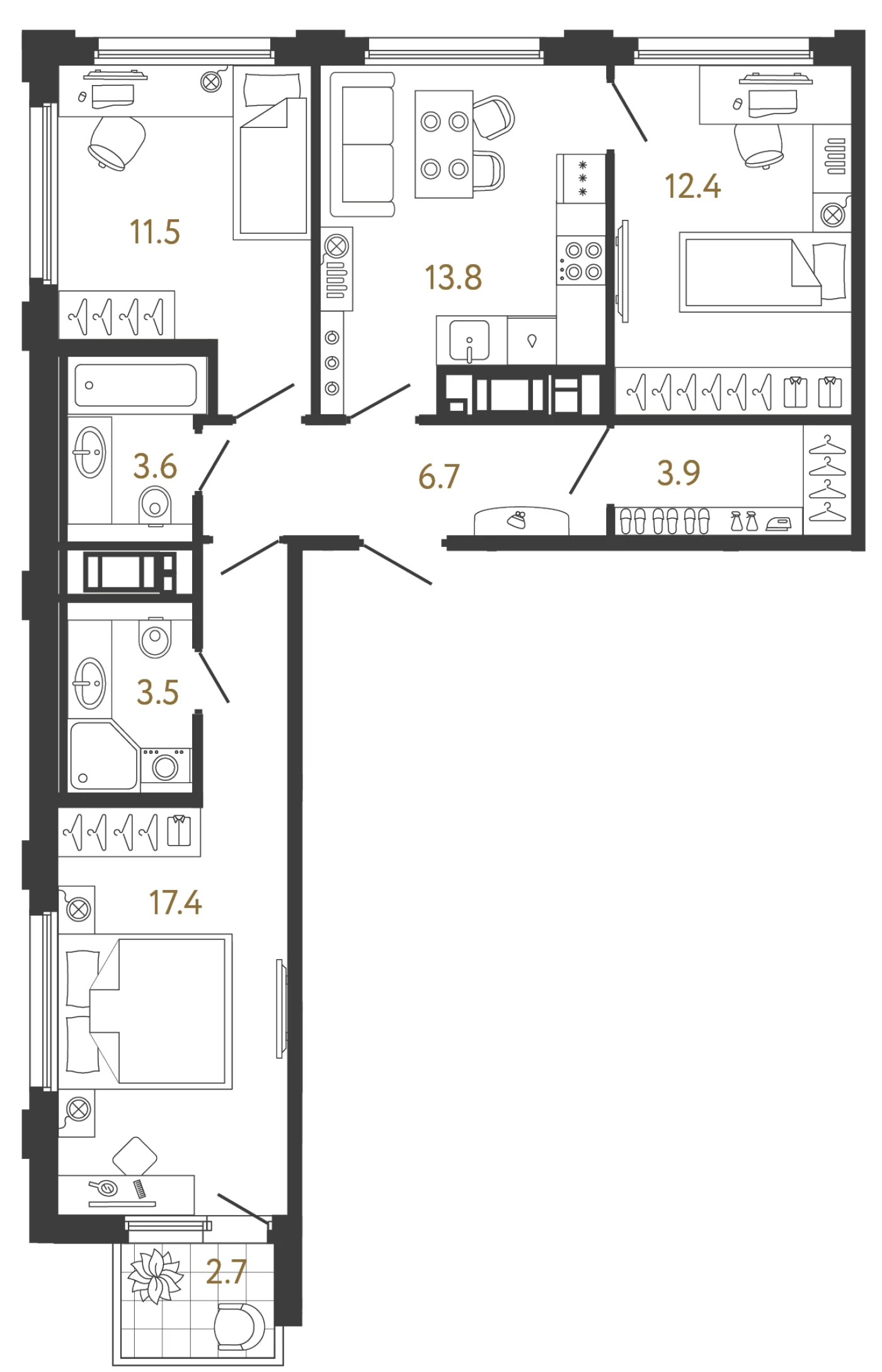 Планировка 3-комнатная 72,8 м² в ЖК «Гений» — ЖК «Гений»