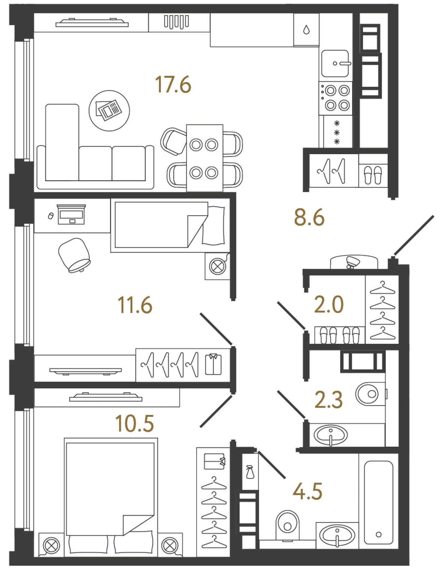 Планировка 2-комнатная 57,1 м² в ЖК «Гений» — ЖК «Гений»