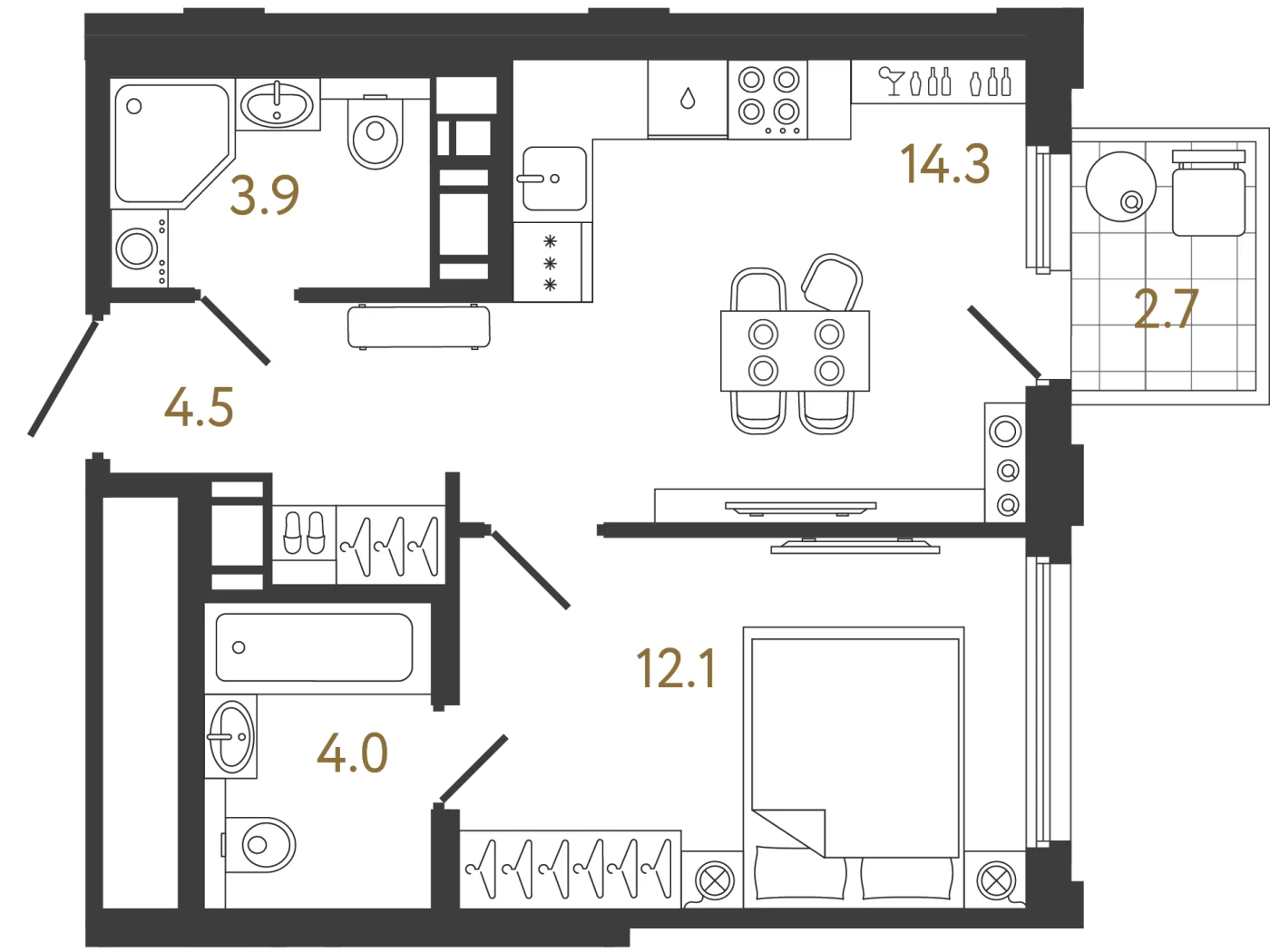 Планировка 1-комнатная 38,8 м² в ЖК «Гений» — ЖК «Гений»
