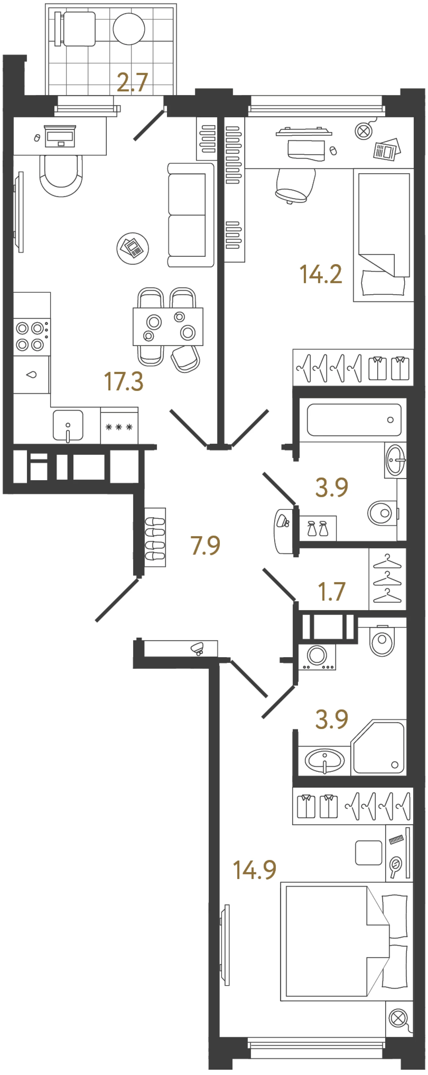 Планировка 2-комнатная 63,8 м² в ЖК «Гений» — ЖК «Гений»