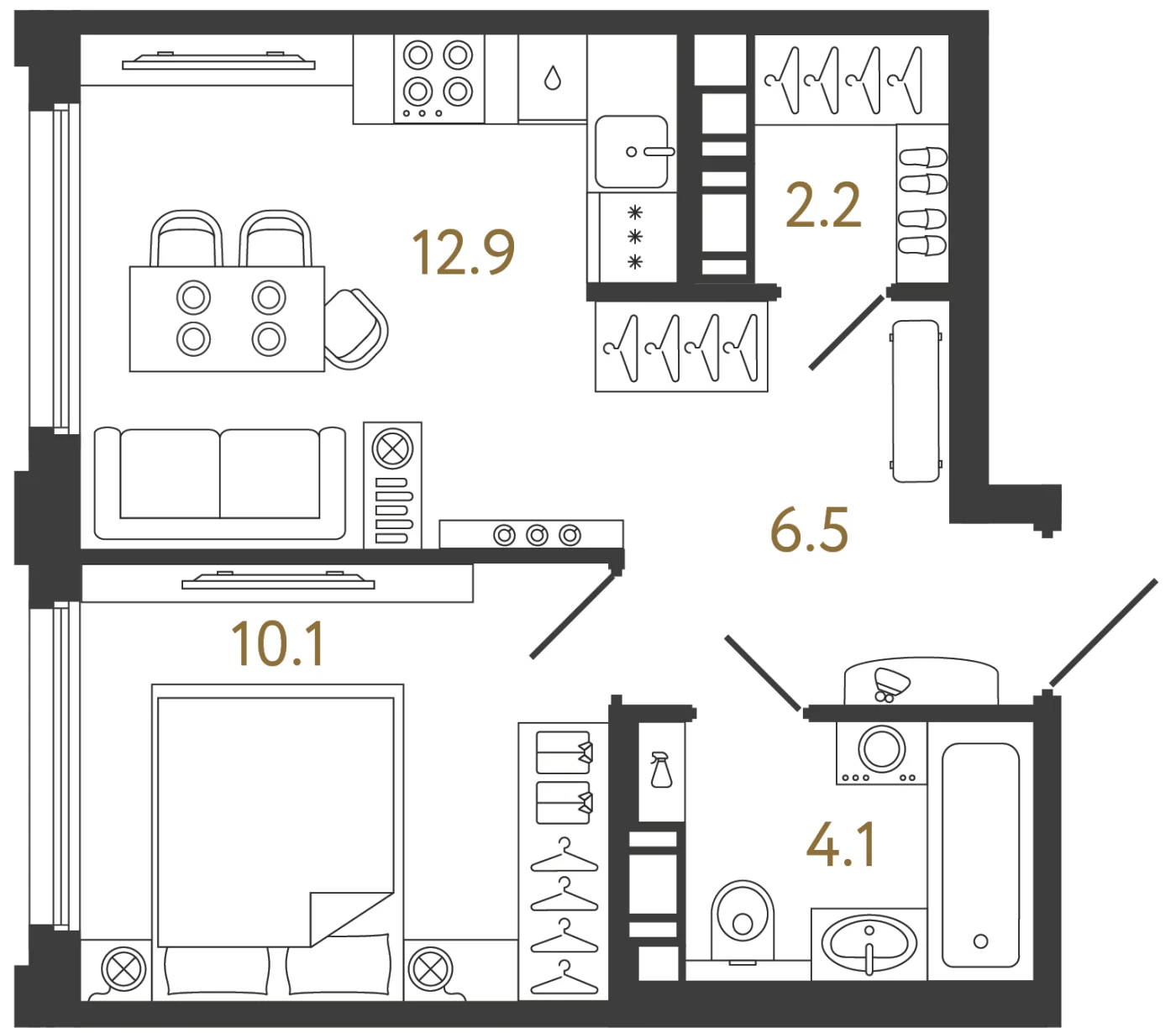 Планировка 1-комнатная 35,8 м² в ЖК «Гений» — ЖК «Гений»