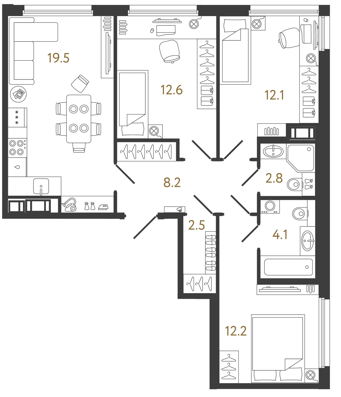 Планировка 3-комнатная 74 м² в ЖК «Гений» — ЖК «Гений»