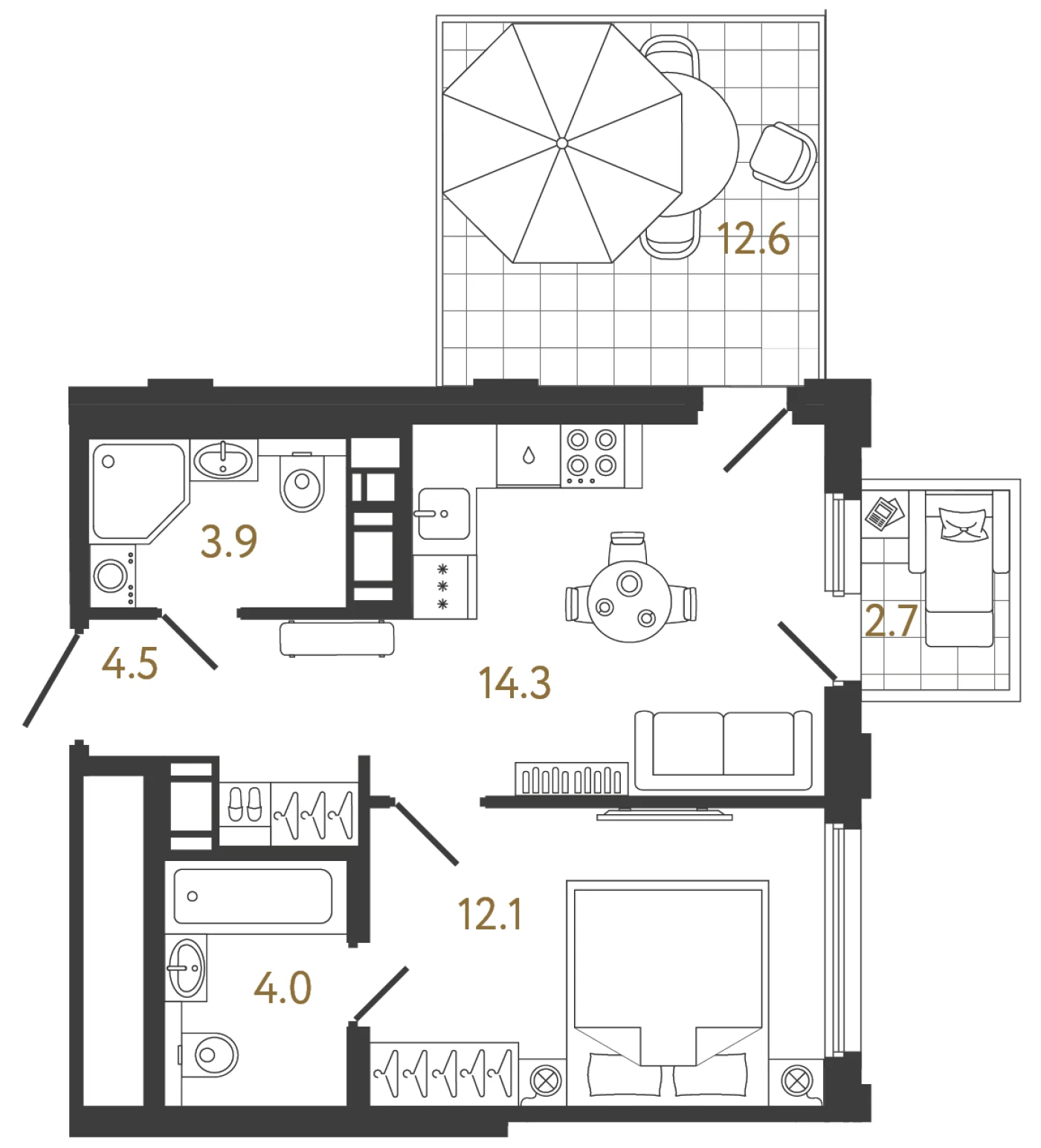 Планировка 1-комнатная 38,8 м² в ЖК «Гений» — ЖК «Гений»