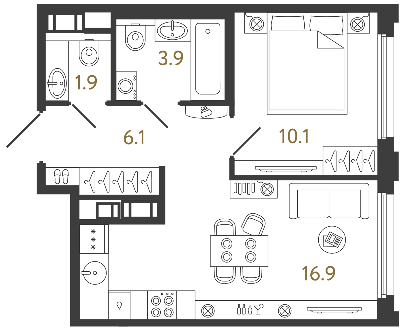 Планировка 1-комнатная 38,9 м² в ЖК «Гений» — ЖК «Гений»