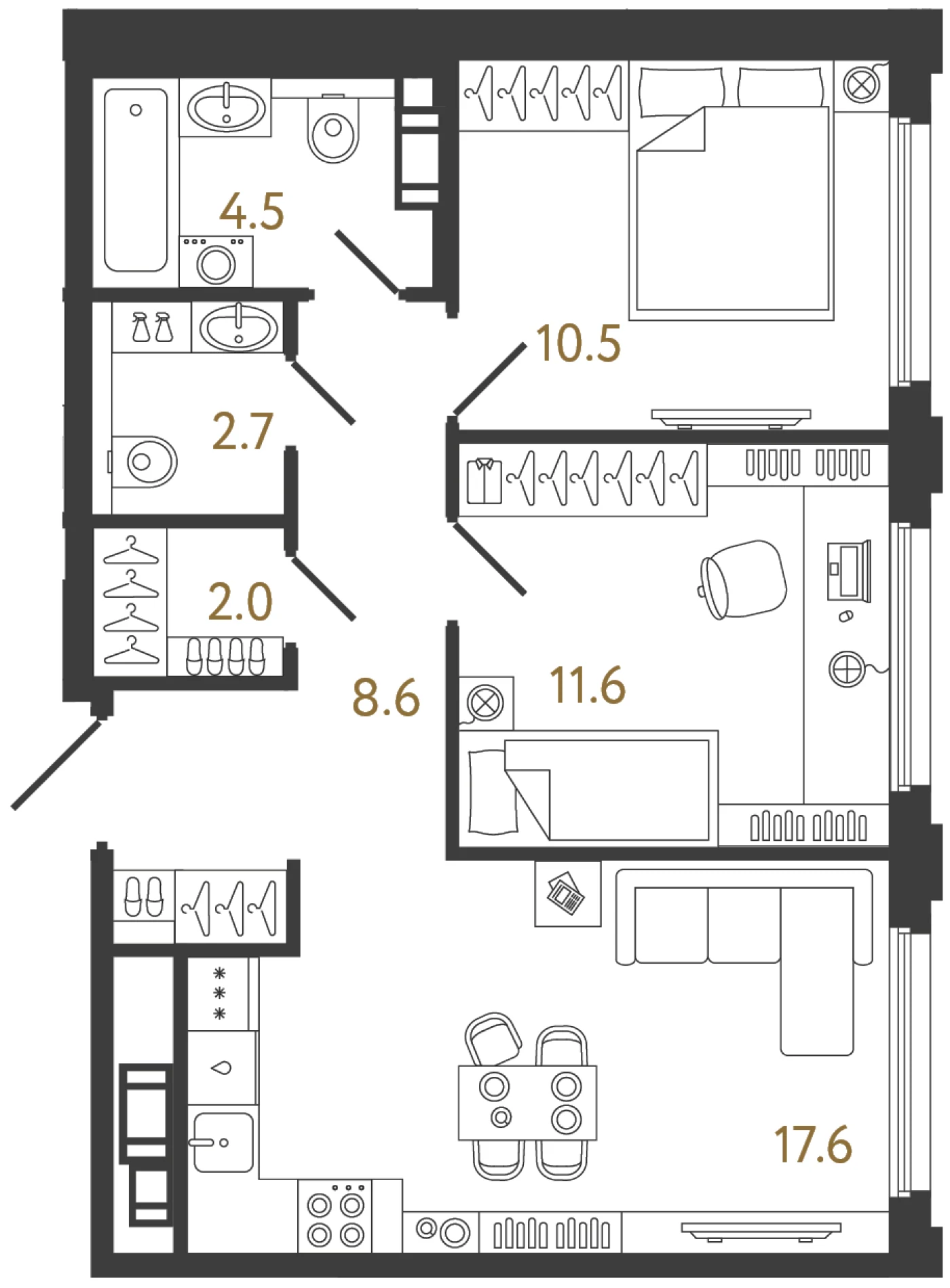 Планировка 2-комнатная 57,5 м² в ЖК «Гений» — ЖК «Гений»