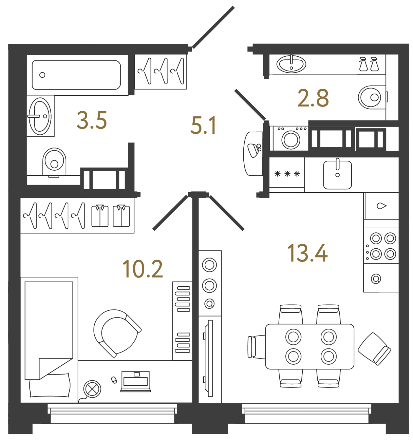 Планировка 1-комнатная 35 м² в ЖК «Гений» — ЖК «Гений»