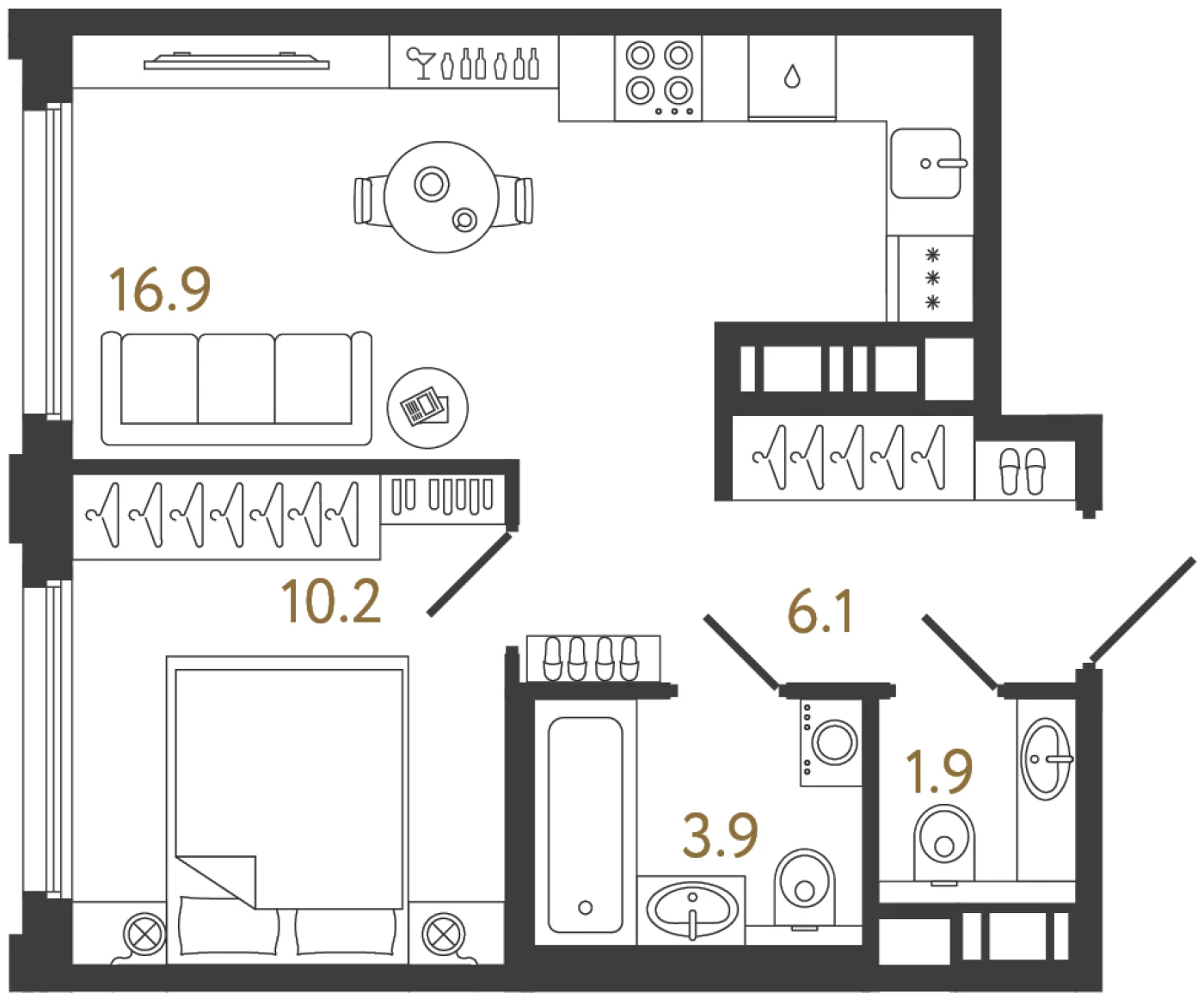 Планировка 1-комнатная 39 м² в ЖК «Гений» — ЖК «Гений»