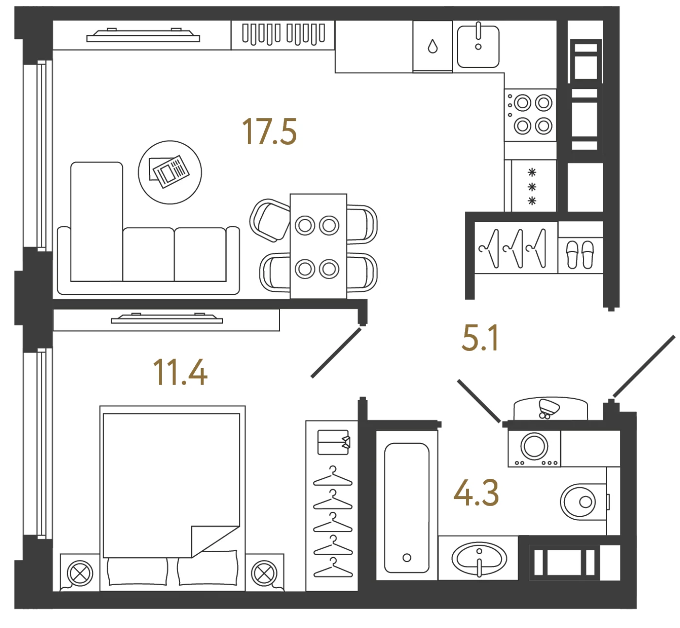 Планировка 1-комнатная 38,3 м² в ЖК «Гений» — ЖК «Гений»