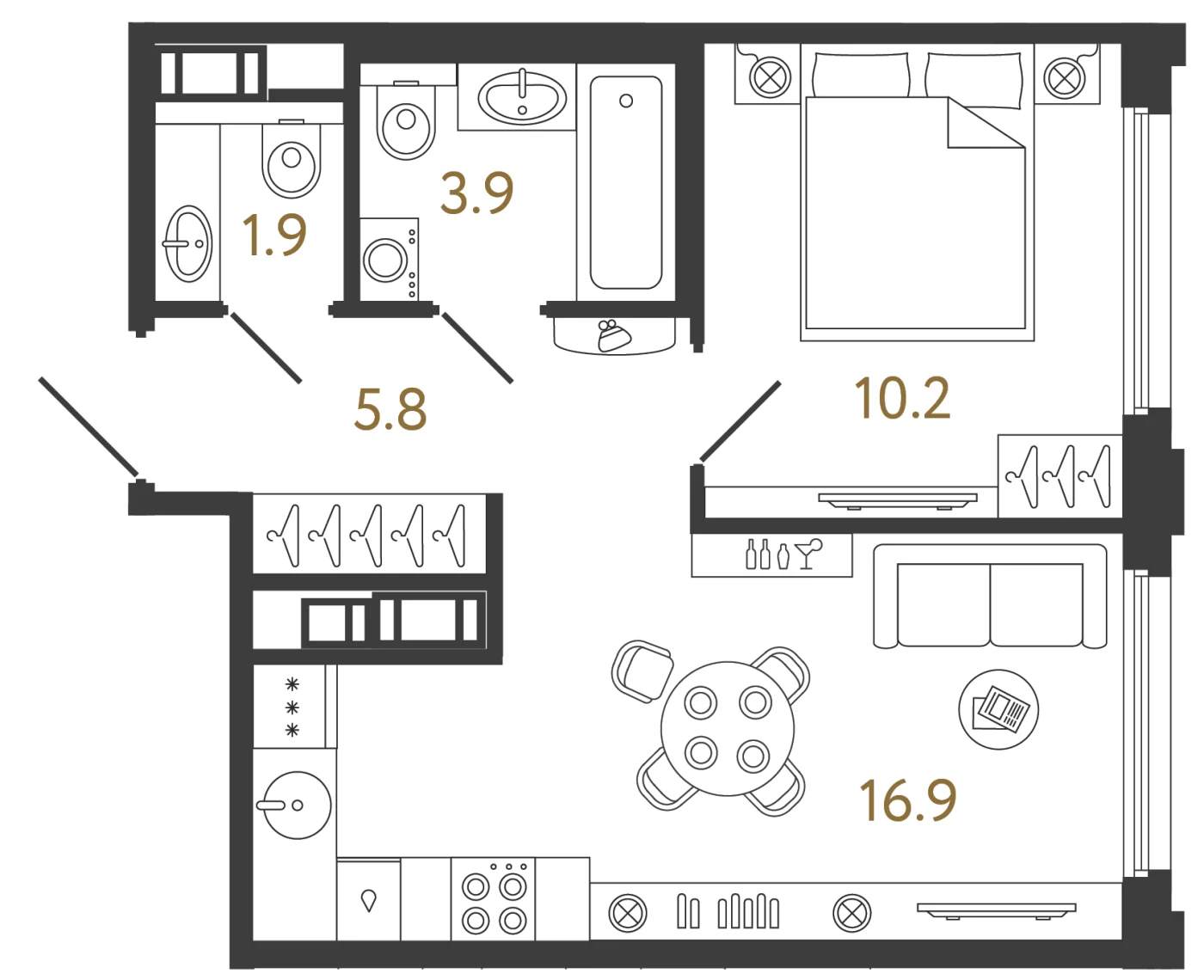 Планировка 1-комнатная 38,7 м² в ЖК «Гений» — ЖК «Гений»