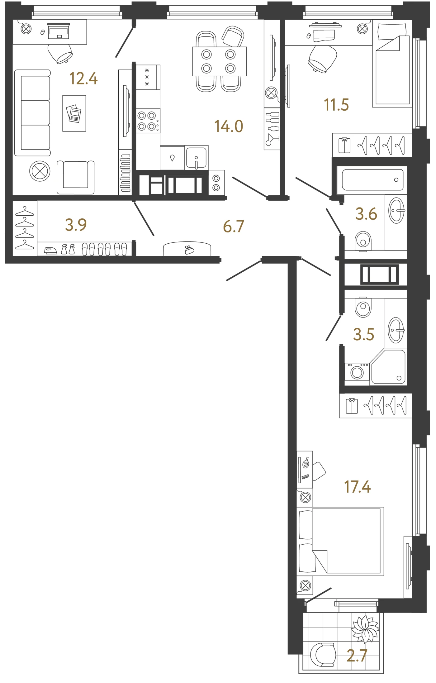 Планировка 3-комнатная 73 м² в ЖК «Гений» — ЖК «Гений»