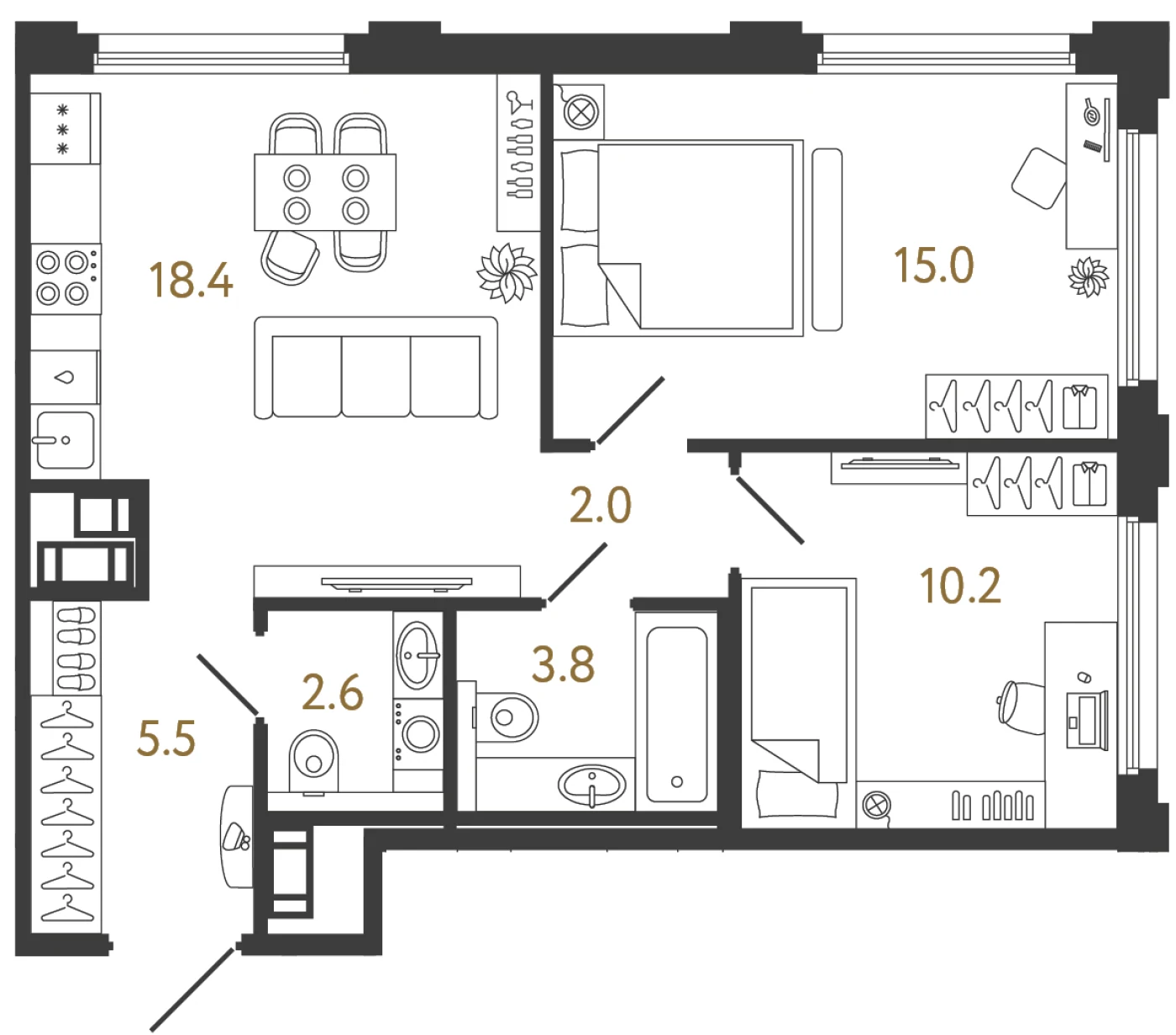Планировка 2-комнатная 57,5 м² в ЖК «Гений» — ЖК «Гений»