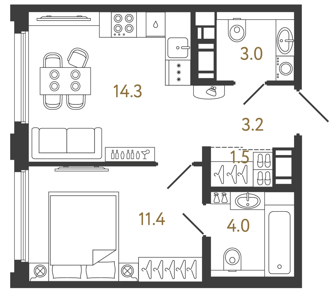 Планировка 1-комнатная 37,4 м² в ЖК «Гений» — ЖК «Гений»
