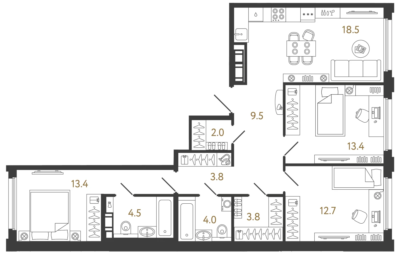 Планировка 3-комнатная 85,6 м² в ЖК «Гений» — ЖК «Гений»