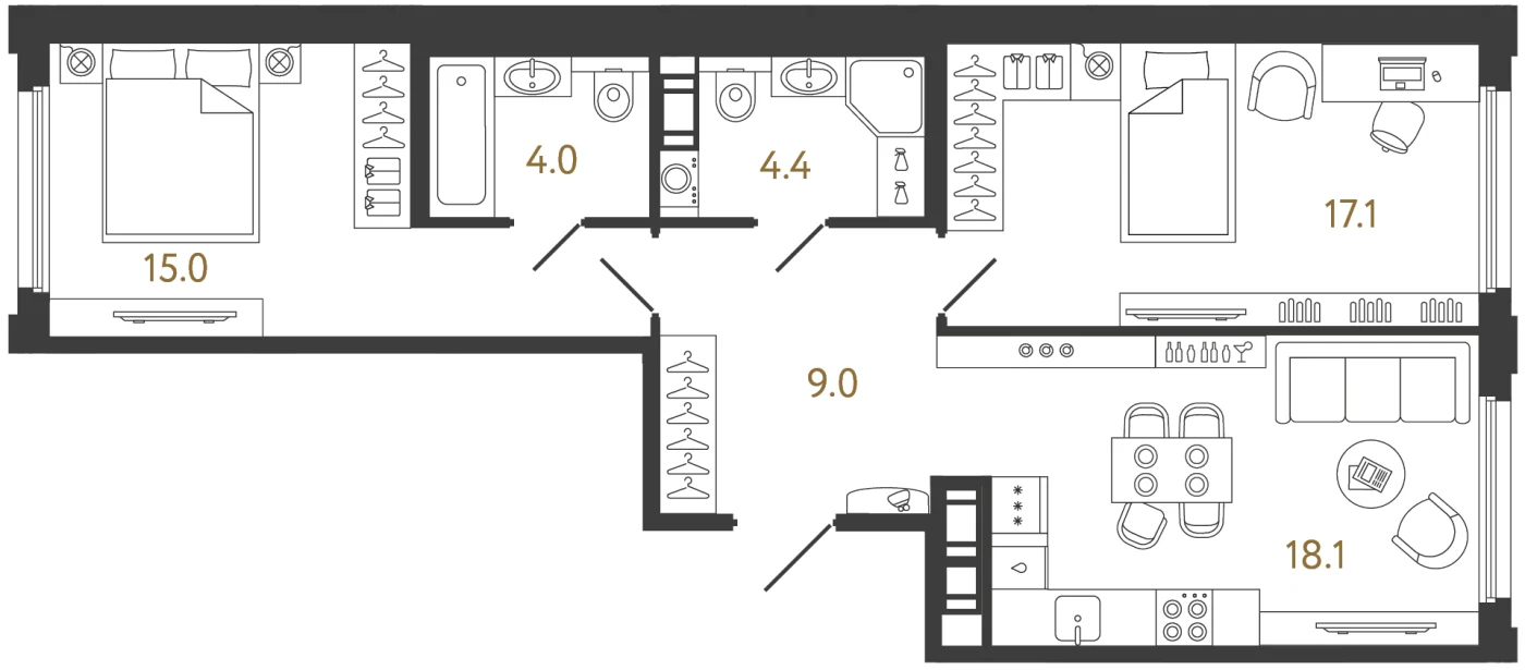 Планировка 2-комнатная 67,6 м² в ЖК «Гений» — ЖК «Гений»