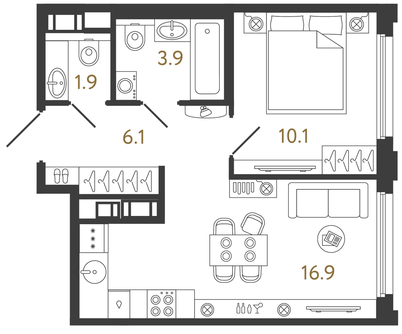 Планировка 1-комнатная 38,9 м² в ЖК «Гений» — ЖК «Гений»