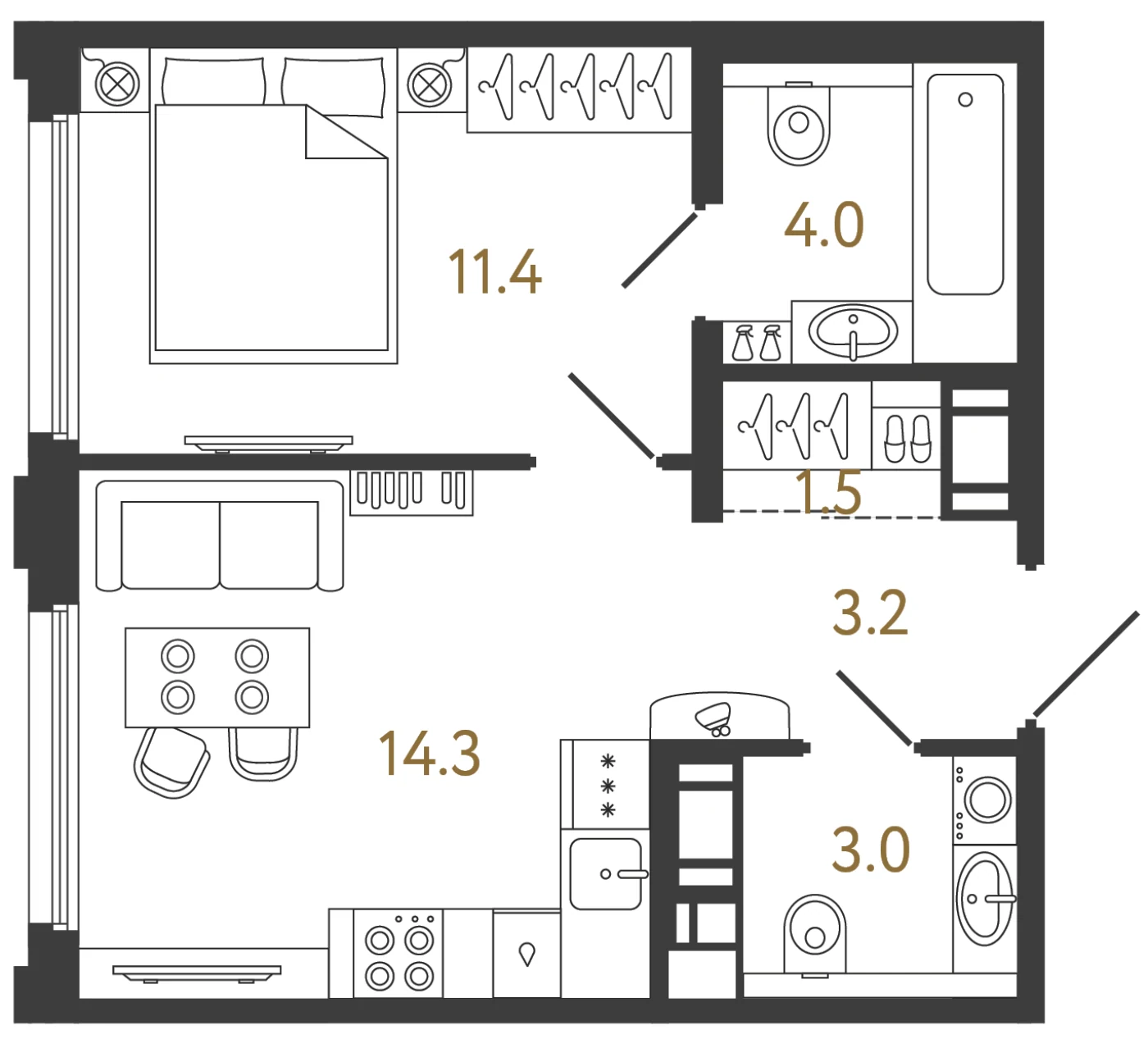 Планировка 1-комнатная 37,4 м² в ЖК «Гений» — ЖК «Гений»