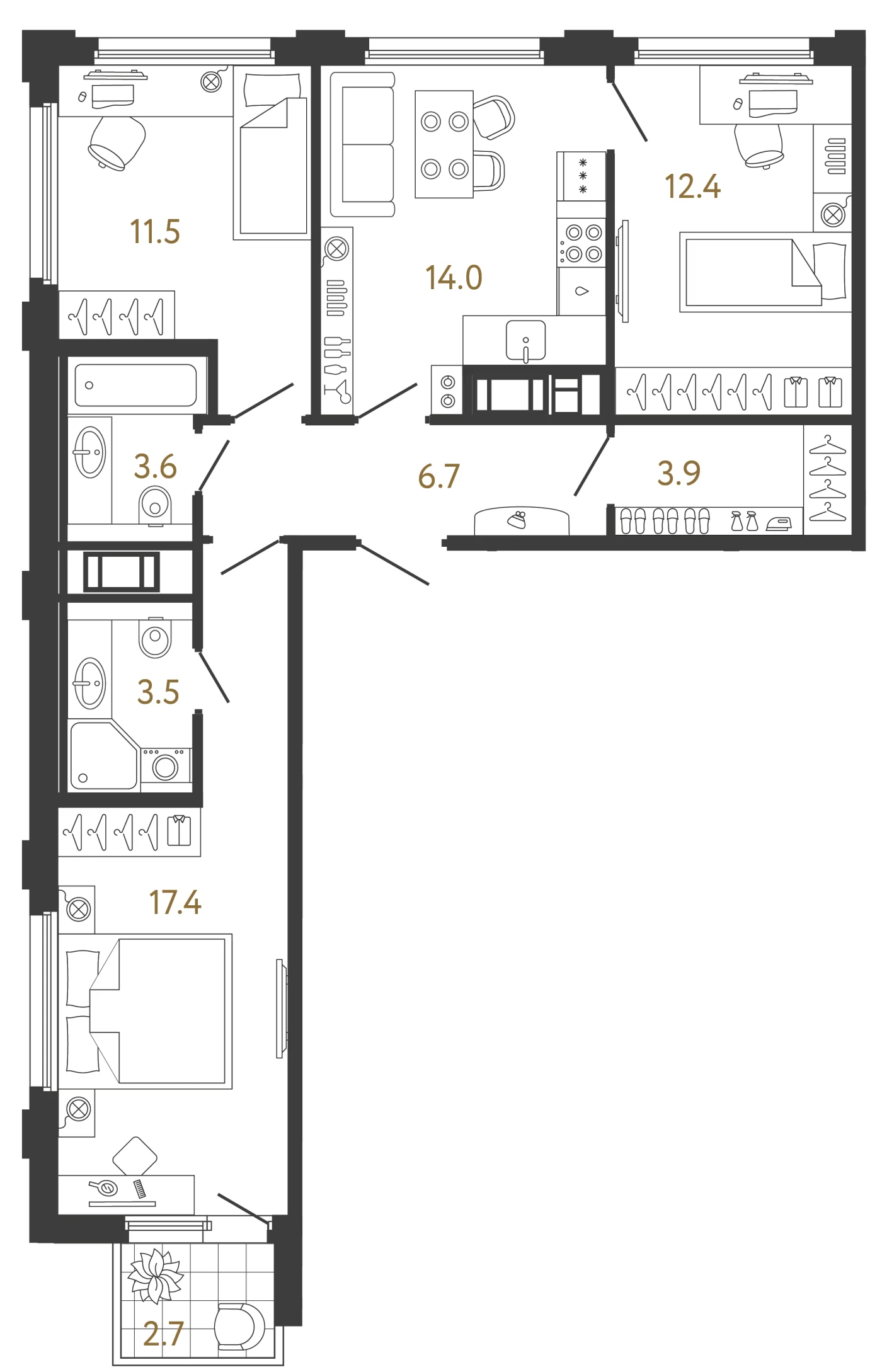 Планировка 3-комнатная 73 м² в ЖК «Гений» — ЖК «Гений»