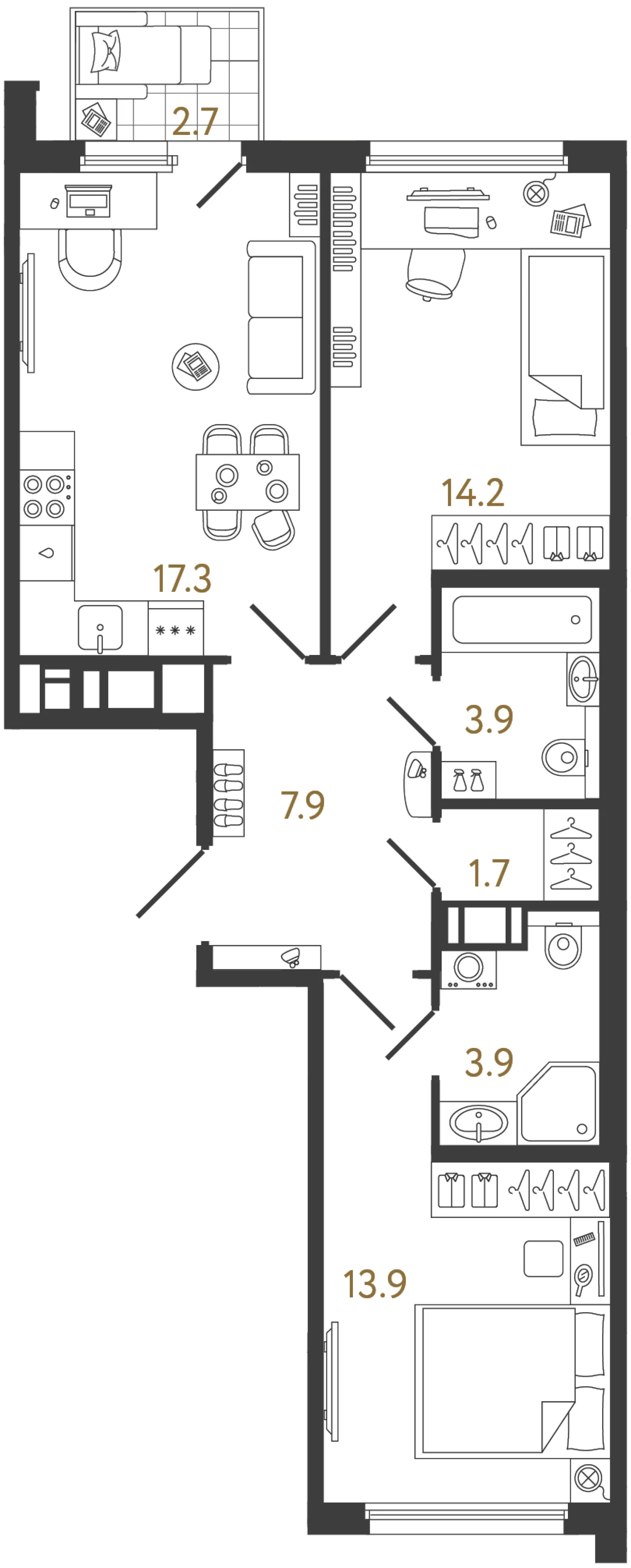 Планировка 2-комнатная 62,8 м² в ЖК «Гений» — ЖК «Гений»