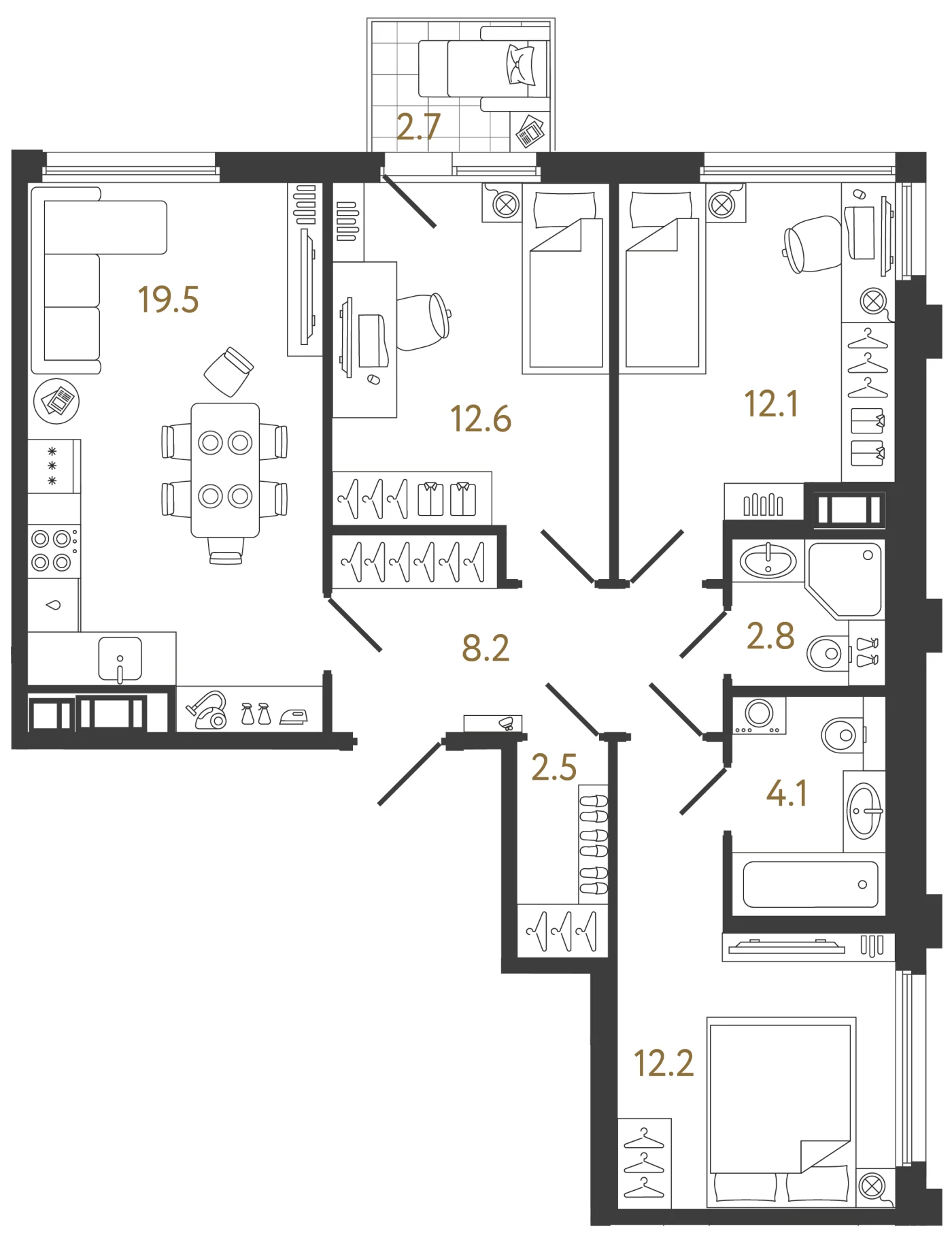 Планировка 3-комнатная 74 м² в ЖК «Гений» — ЖК «Гений»