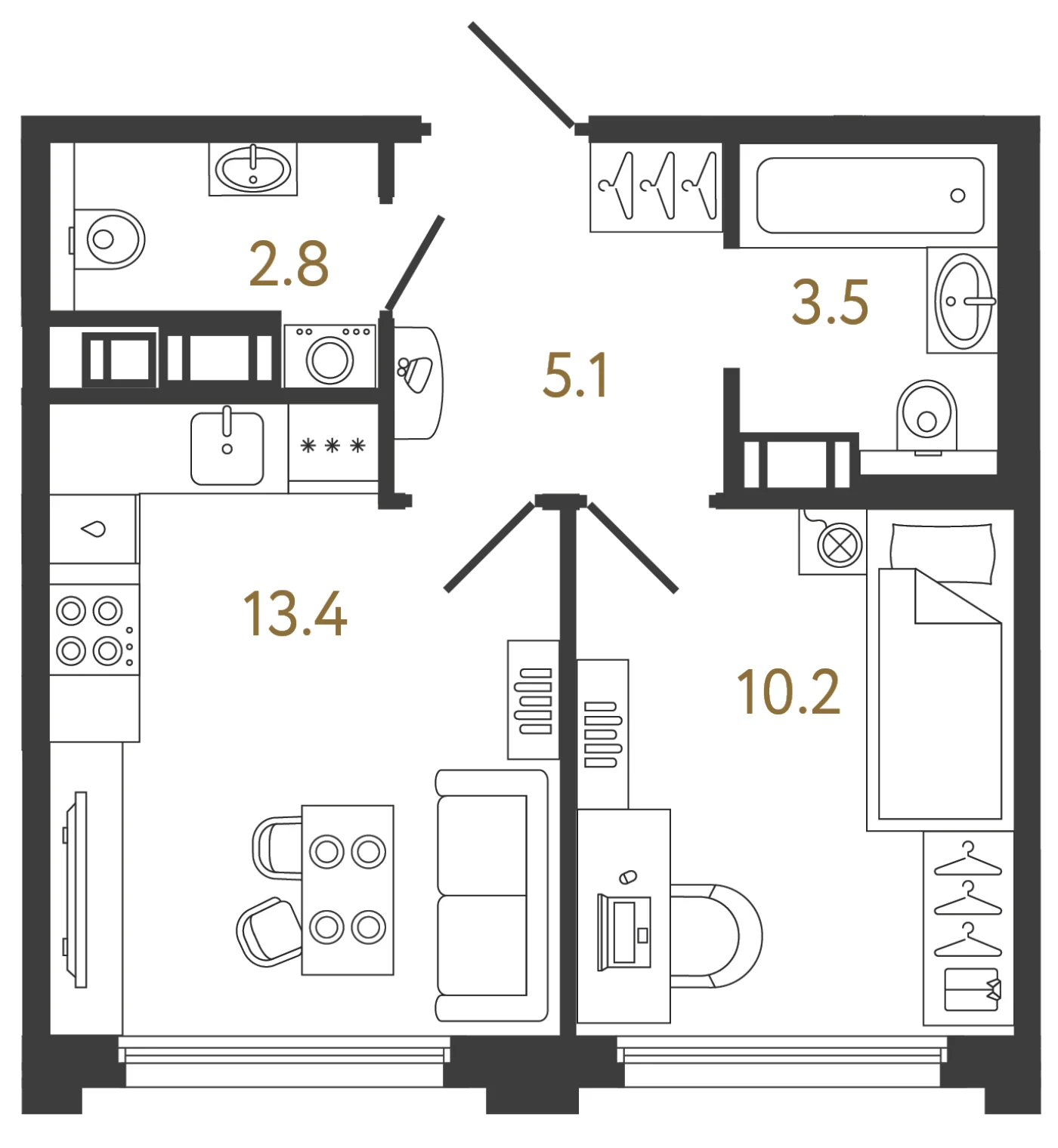 Планировка 1-комнатная 35 м² в ЖК «Гений» — ЖК «Гений»