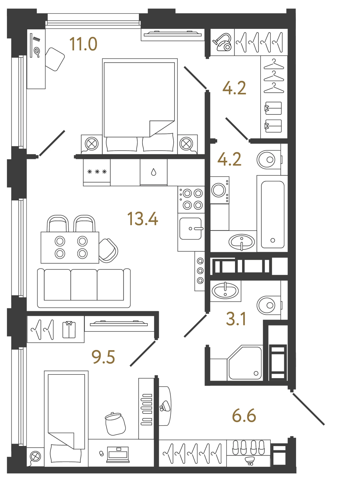 Планировка 2-комнатная 52 м² в ЖК «Гений» — ЖК «Гений»
