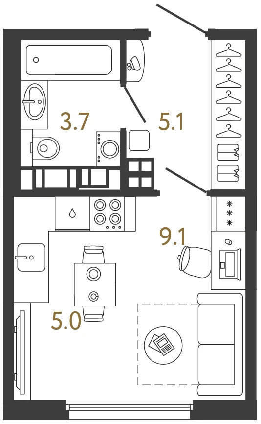 Планировка студия 22,9 м² в ЖК «Гений» — ЖК «Гений»