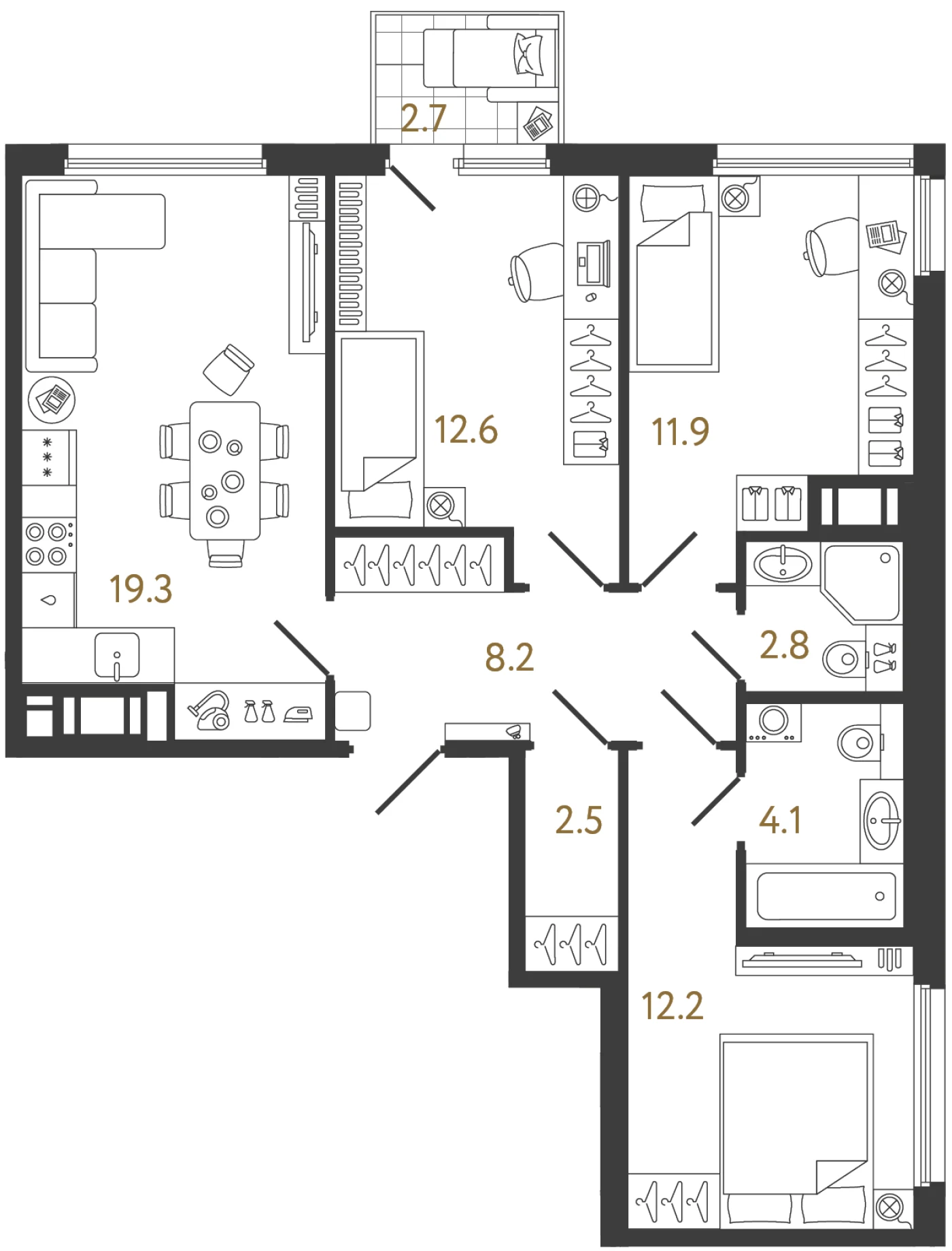 Планировка 3-комнатная 73,6 м² в ЖК «Гений» — ЖК «Гений»