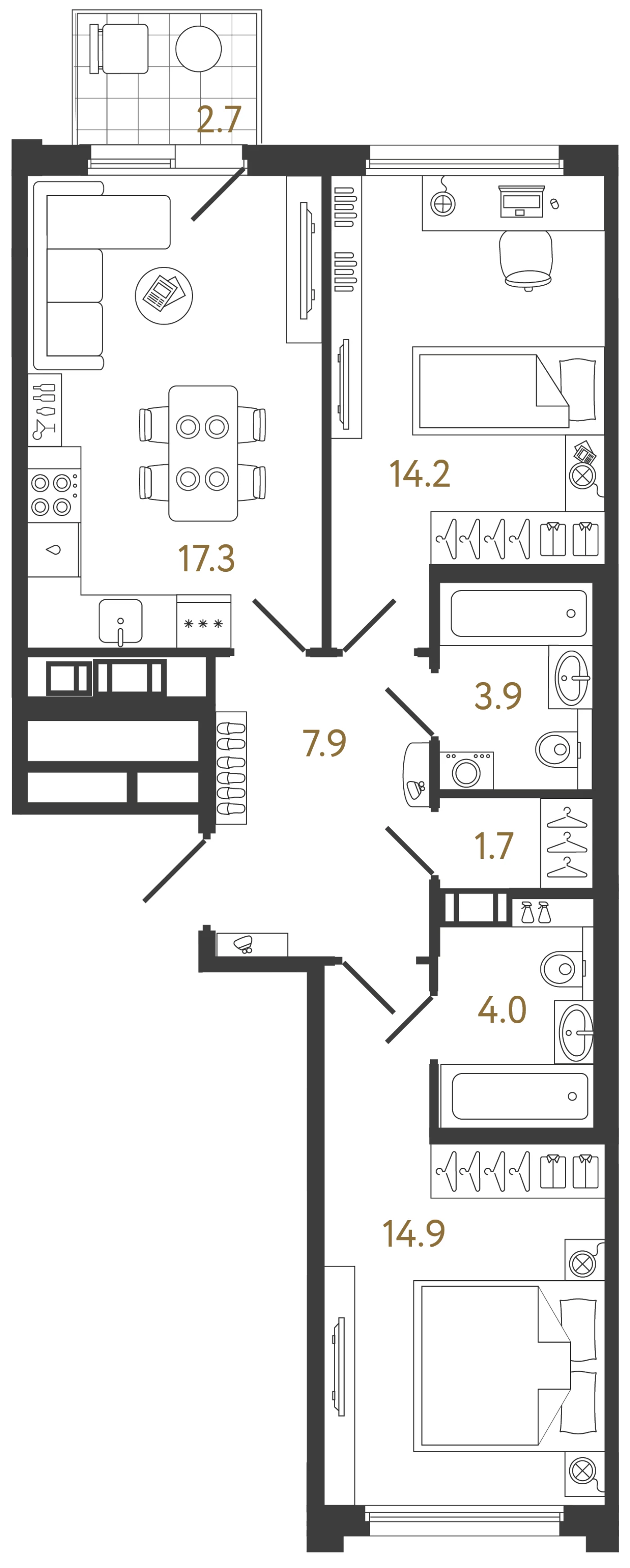 Планировка 2-комнатная 63,9 м² в ЖК «Гений» — ЖК «Гений»