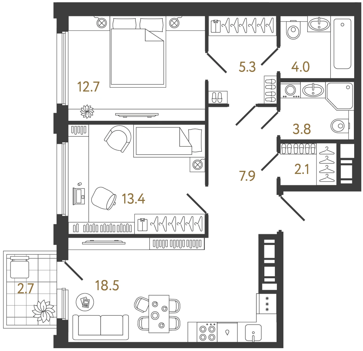 Планировка 2-комнатная 67,7 м² в ЖК «Гений» — ЖК «Гений»