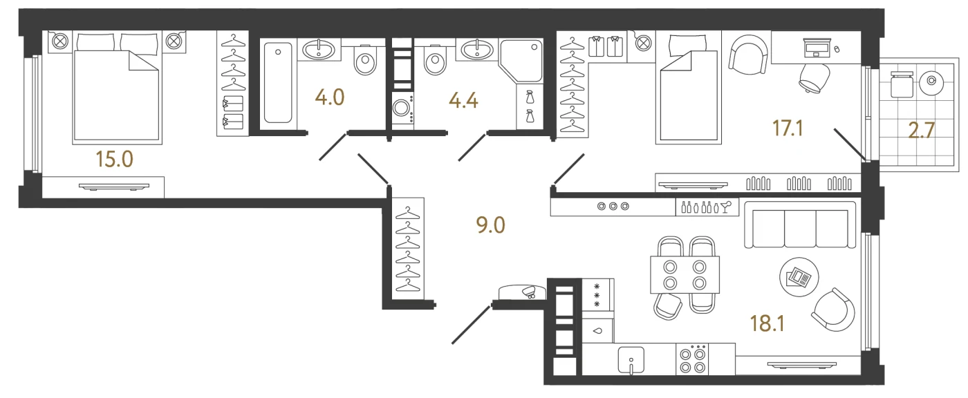 Планировка 2-комнатная 67,6 м² в ЖК «Гений» — ЖК «Гений»