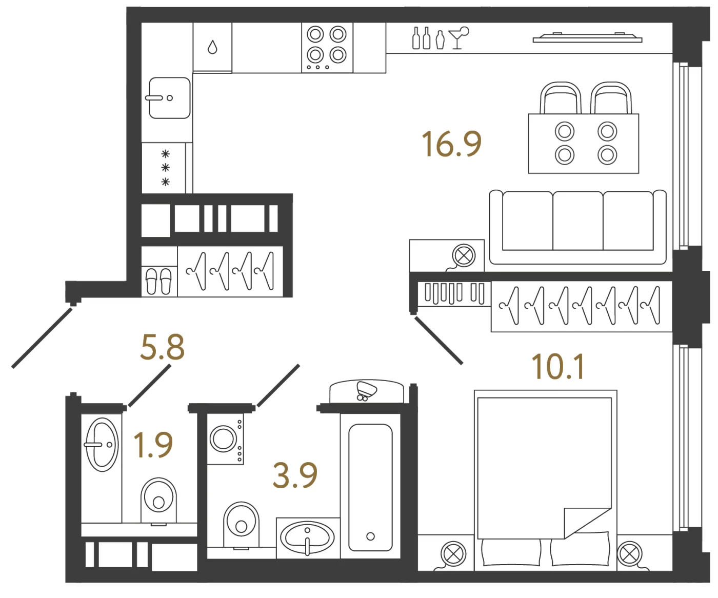 Планировка 1-комнатная 38,6 м² в ЖК «Гений» — ЖК «Гений»