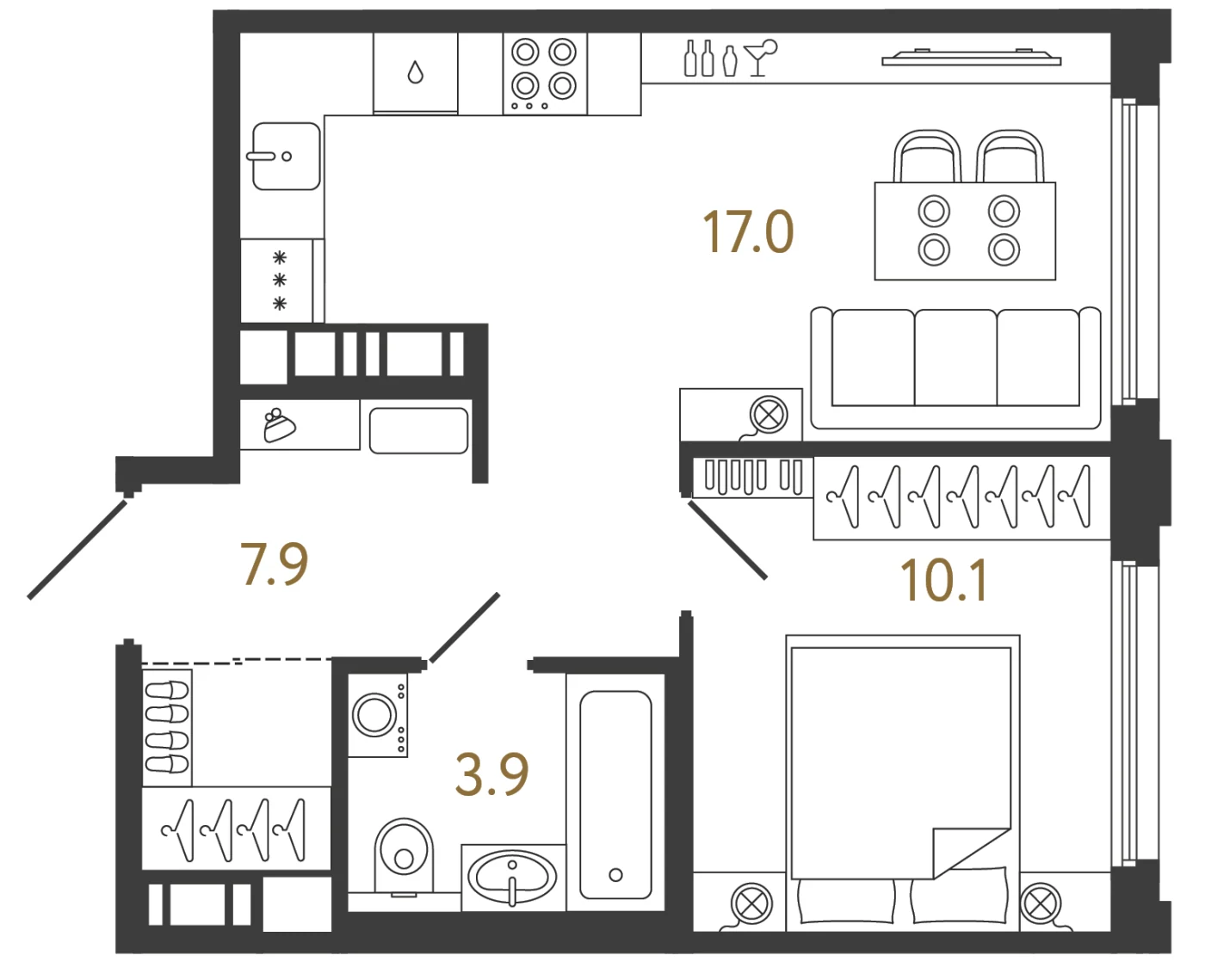 Планировка 1-комнатная 38,9 м² в ЖК «Гений» — ЖК «Гений»