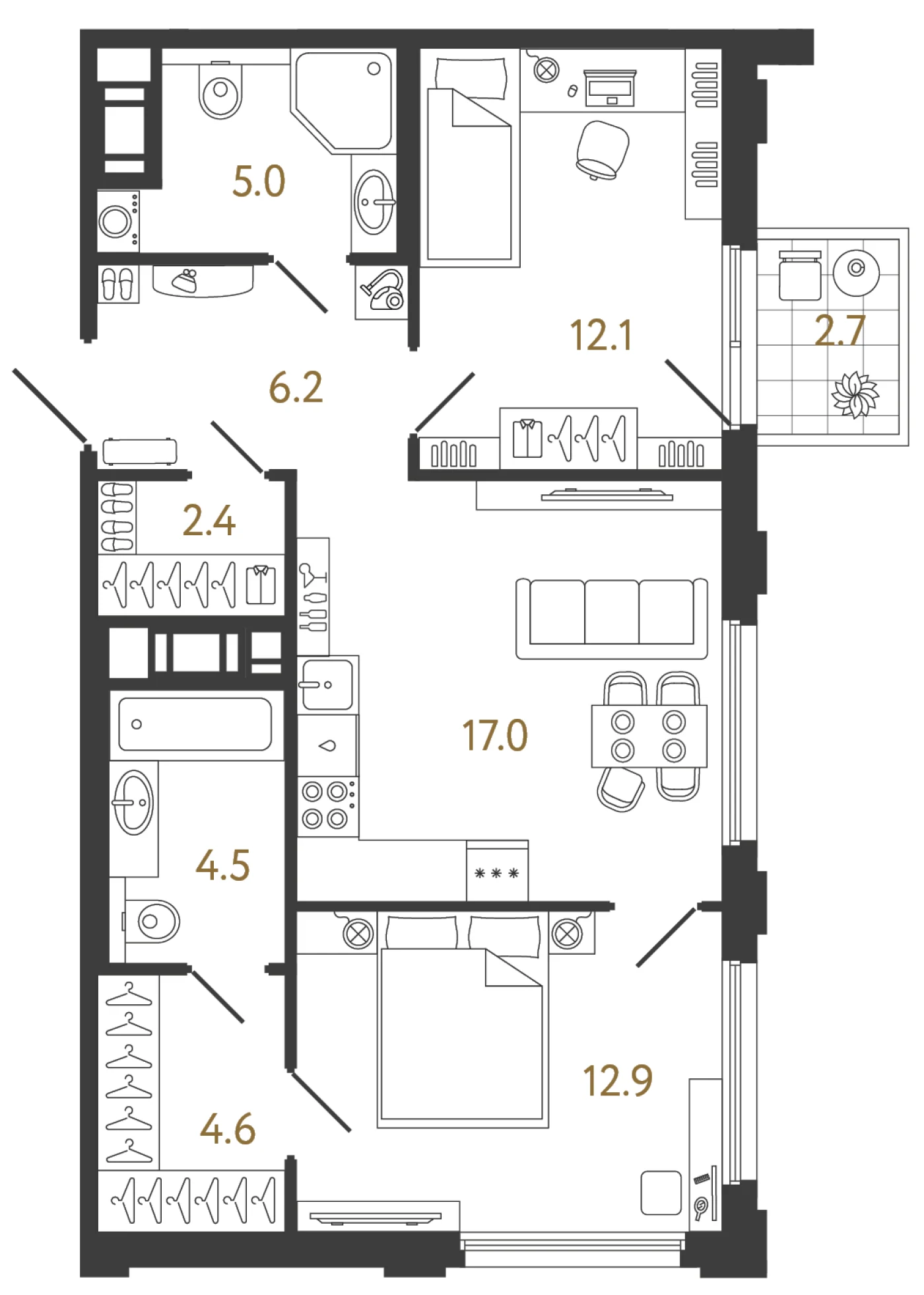 Планировка 2-комнатная 64,7 м² в ЖК «Гений» — ЖК «Гений»