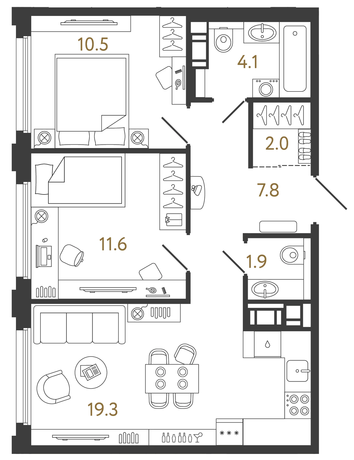 Планировка 2-комнатная 57,2 м² в ЖК «Гений» — ЖК «Гений»