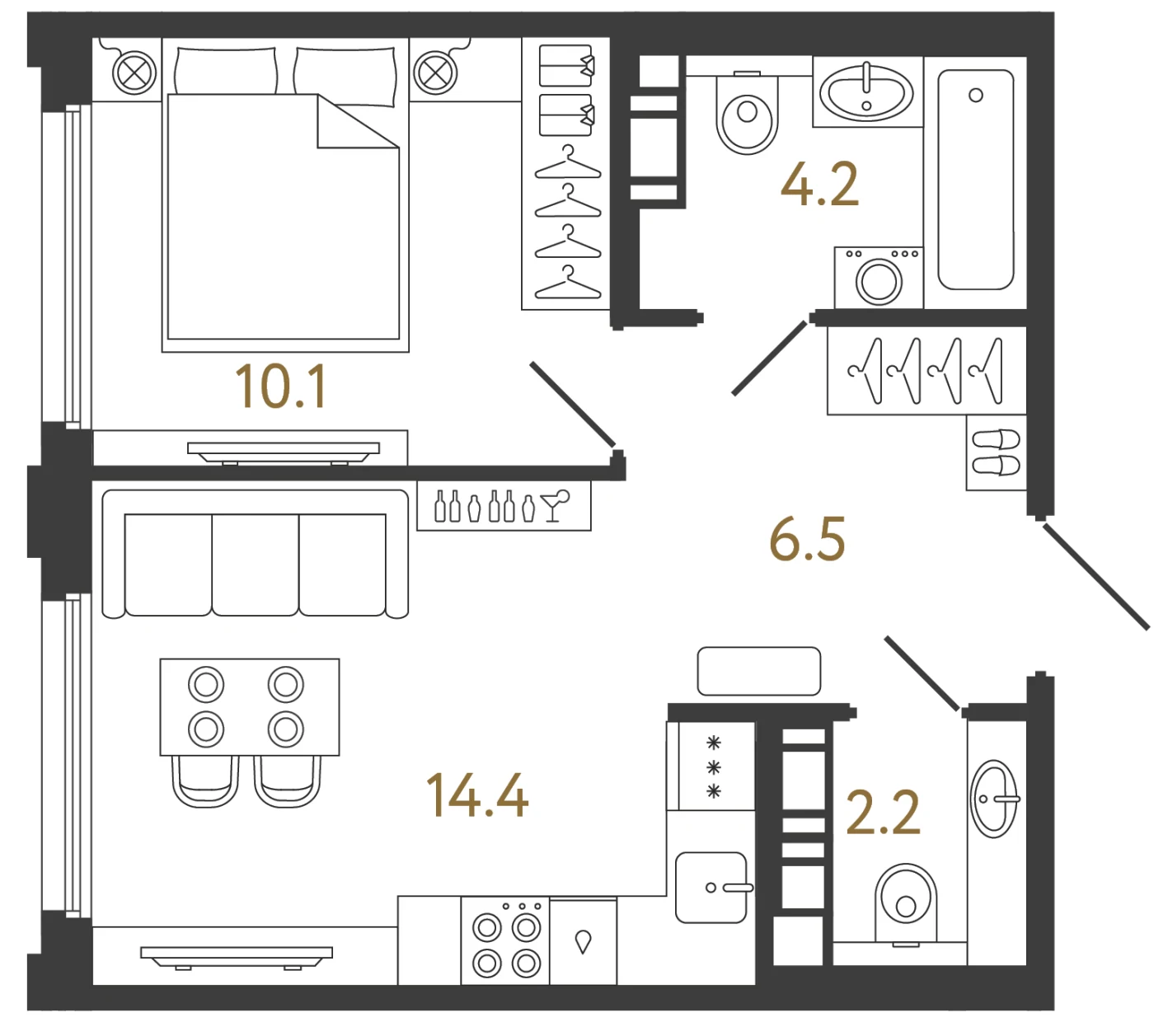 Планировка 1-комнатная 37,4 м² в ЖК «Гений» — ЖК «Гений»