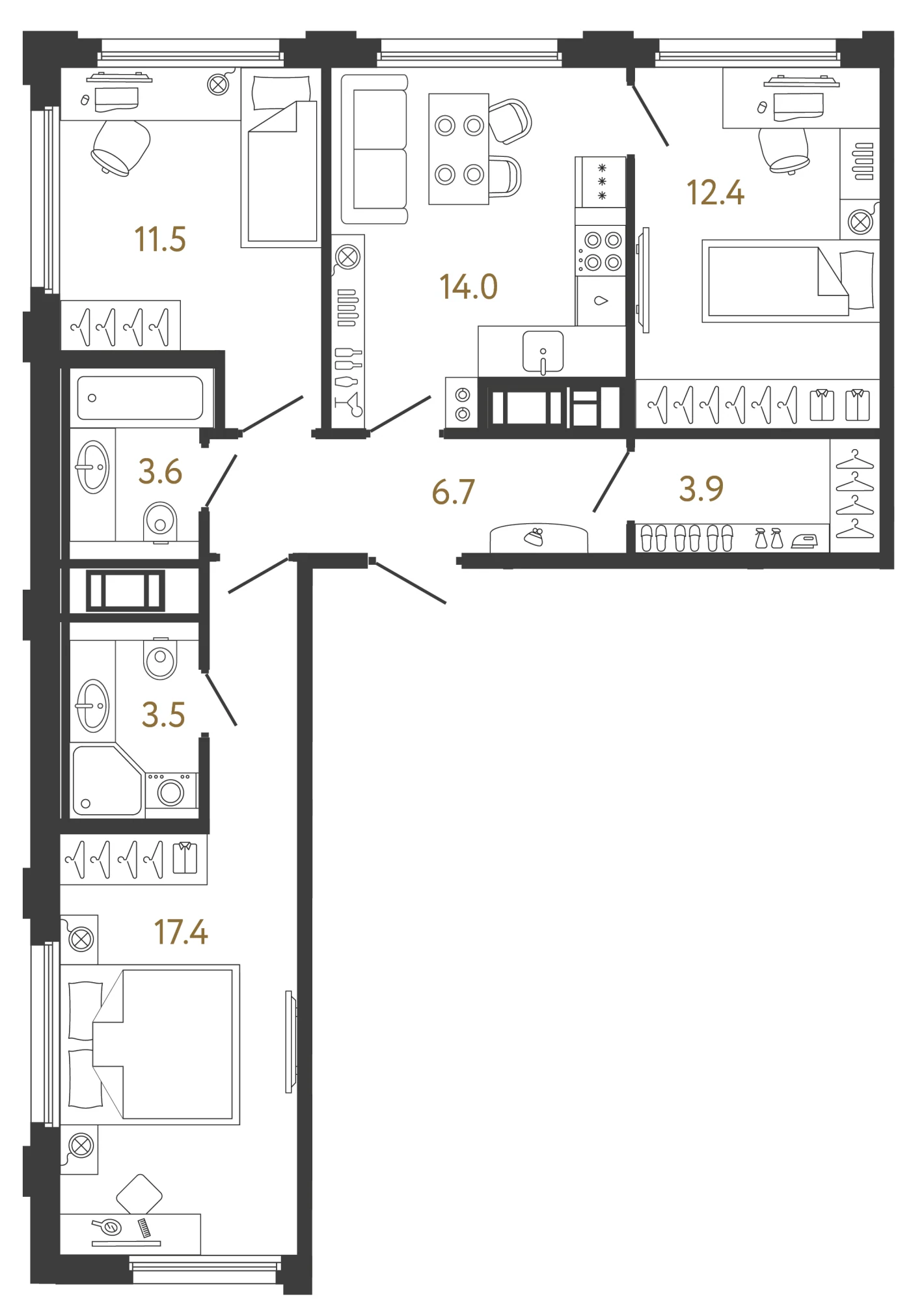 Планировка 3-комнатная 73 м² в ЖК «Гений» — ЖК «Гений»